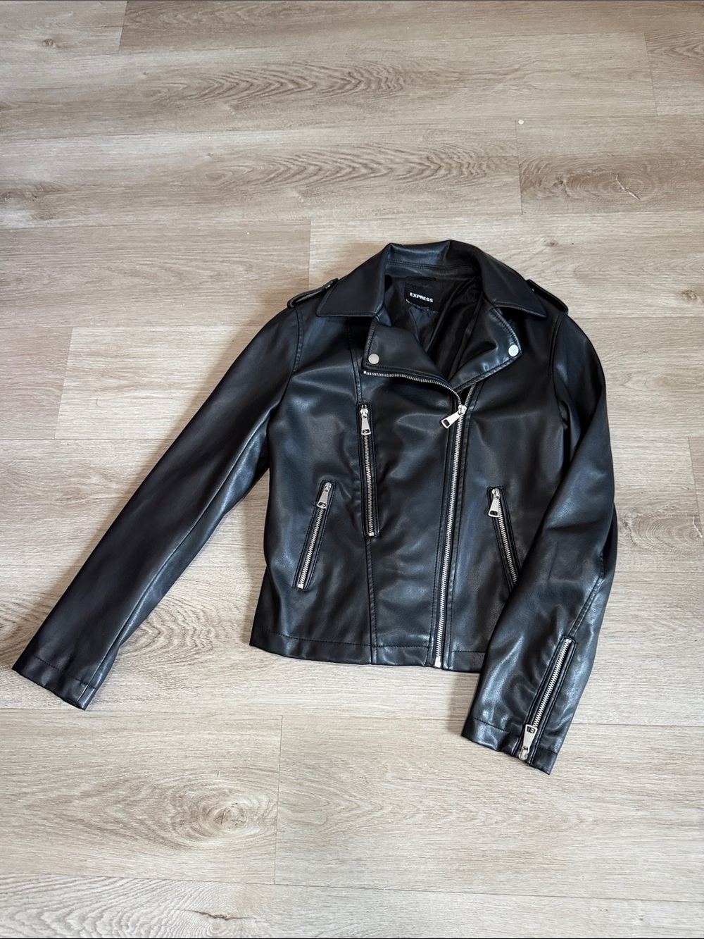 Express Black Faux Leather Moto Jacket with Silver Hardware